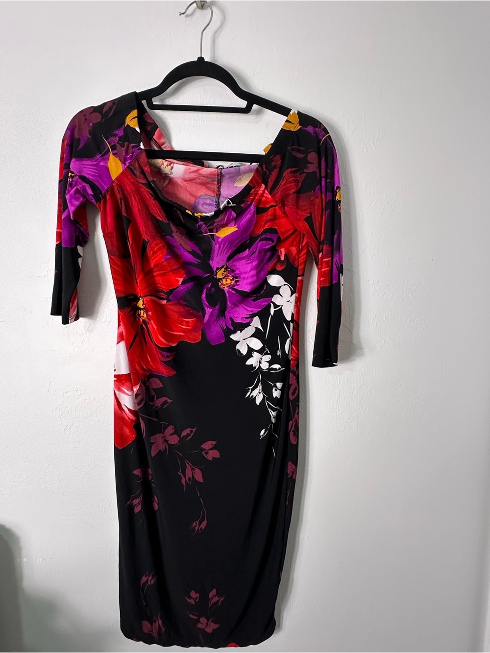 VENUS Black Midi Dress with Red & Purple Floral Print